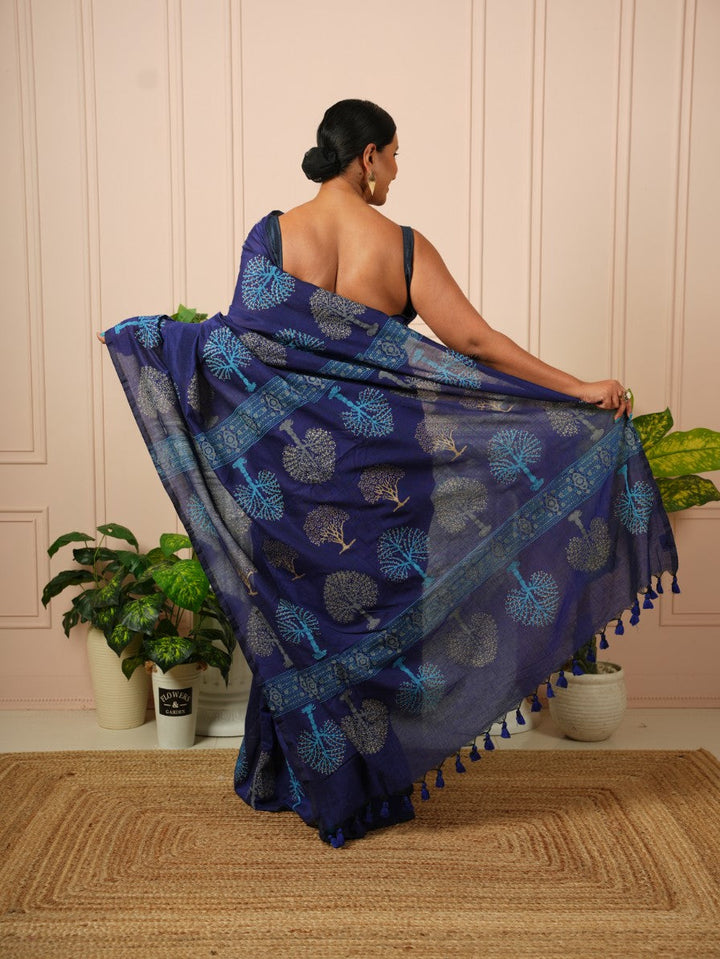 Tree of Life- Dark Blue HandBlock Cotton Saree | SHOBITAM