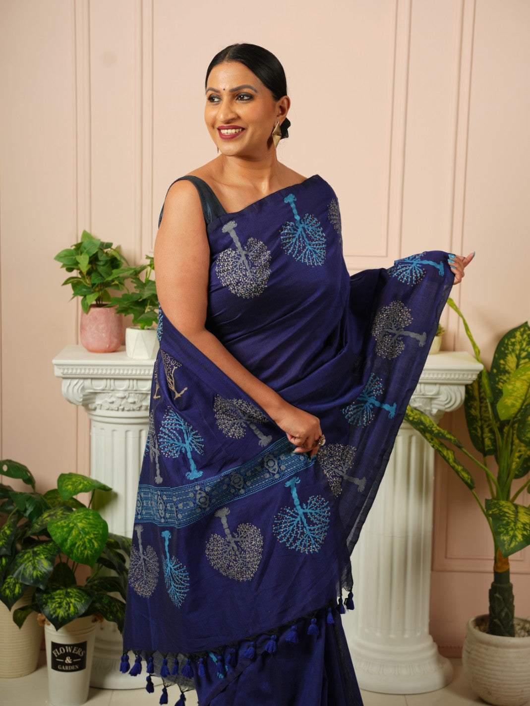Tree of Life- Dark Blue HandBlock Cotton Saree | SHOBITAM