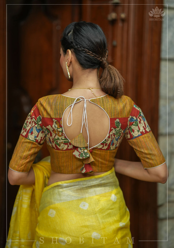 Honey brown handloom cotton V neck blouse with handpainted kalamkari band