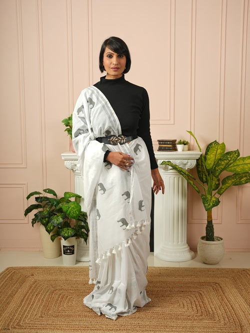 GajaGamini- White Grey Hand Block Elephant Print Cotton Saree | SHOBITAM