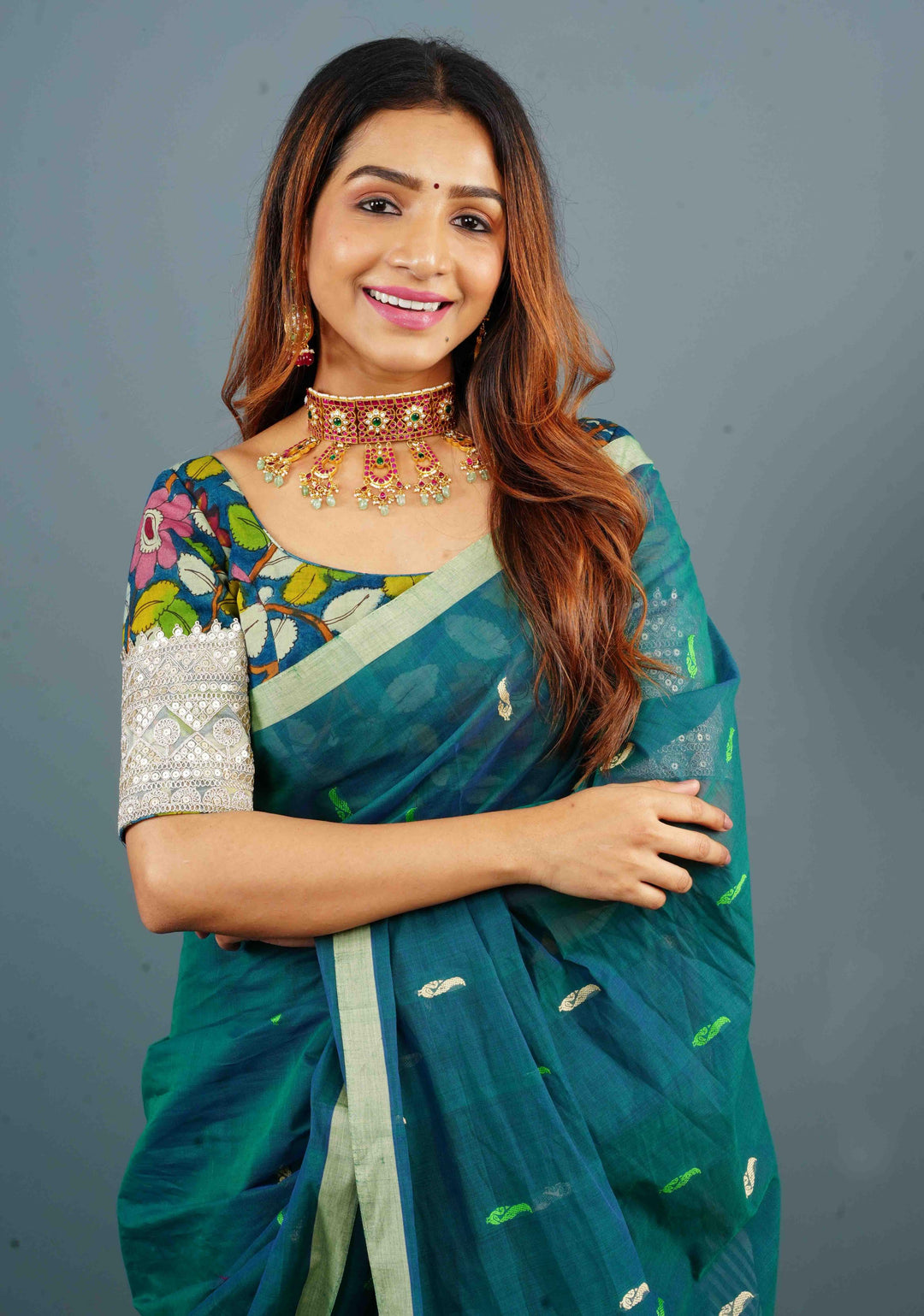 Blue Authentic Pen Kalamkari Scoop Neck Blouse with wide Lace Border on sleeves, Customizable, Made to Order