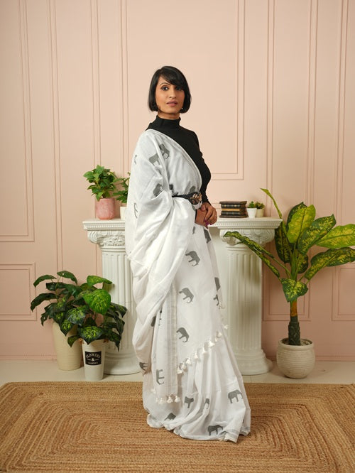 GajaGamini- White Grey Hand Block Elephant Print Cotton Saree | SHOBITAM