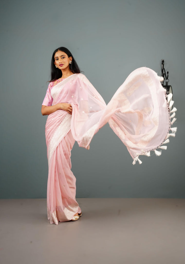 Pure Silk Chiffon Banarasi Saree in Light Pink with Silver Zari Buttas and Border | SILK MARK CERTIFIED