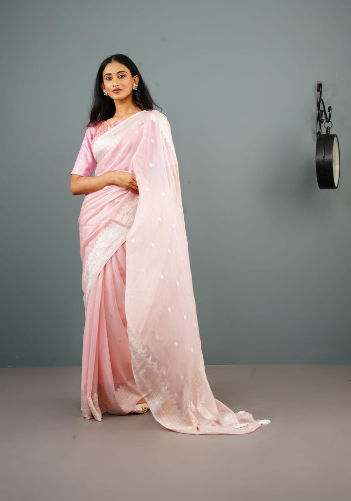Pure Silk Chiffon Banarasi Saree in Light Pink with Silver Zari Buttas and Border | SILK MARK CERTIFIED
