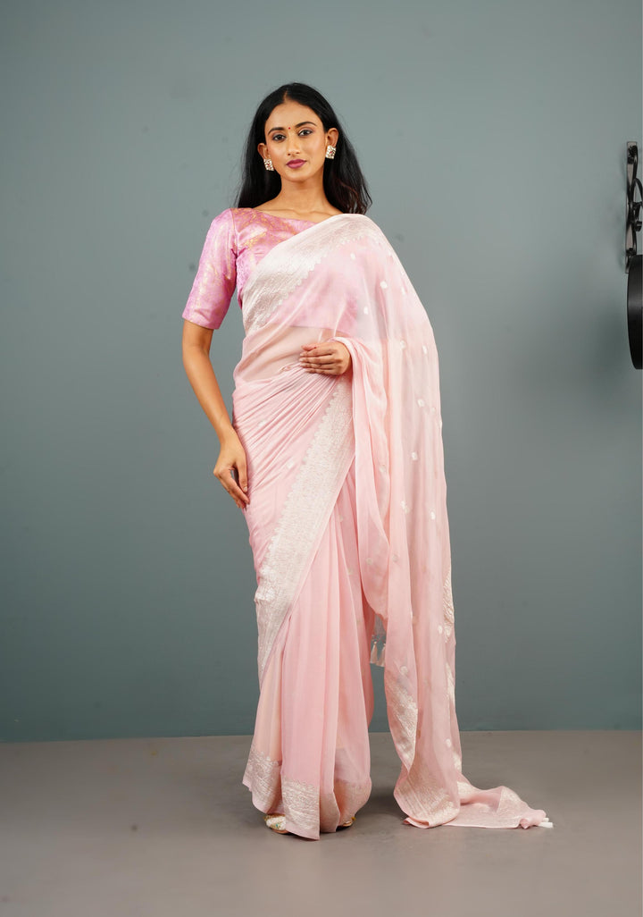 Pure Silk Chiffon Banarasi Saree in Light Pink with Silver Zari Buttas and Border | SILK MARK CERTIFIED