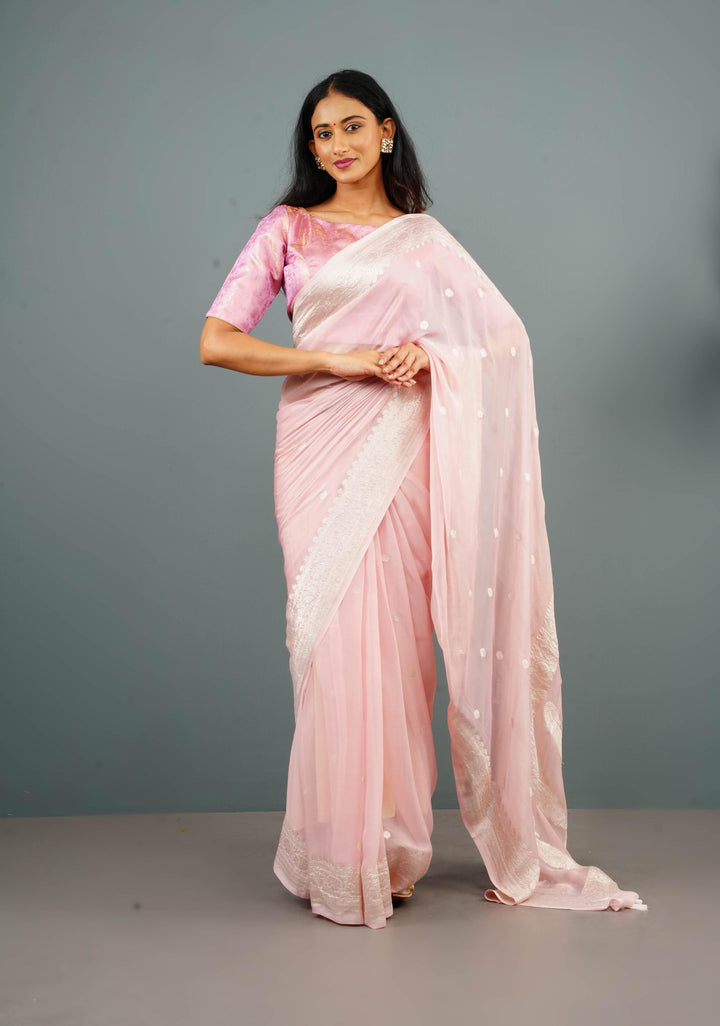 Pure Silk Chiffon Banarasi Saree in Light Pink with Silver Zari Buttas and Border | SILK MARK CERTIFIED