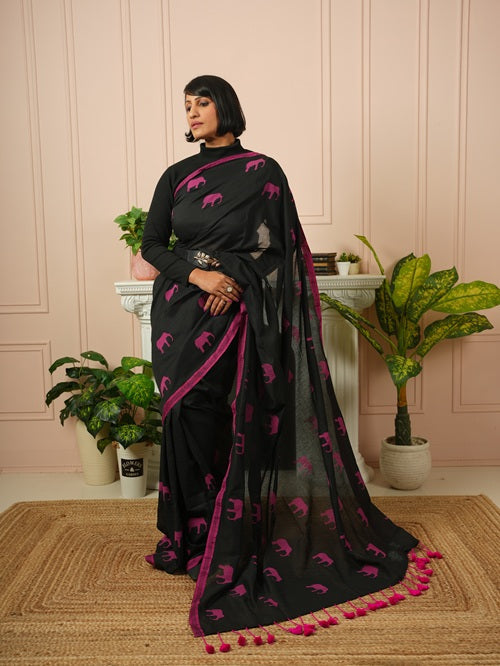 GajaGamini- Pink Hand Block Elephant Print Cotton Saree | SHOBITAM