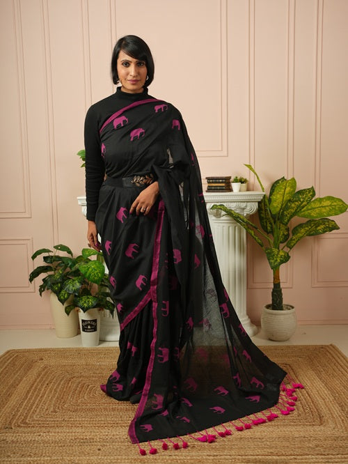 GajaGamini- Pink Hand Block Elephant Print Cotton Saree | SHOBITAM