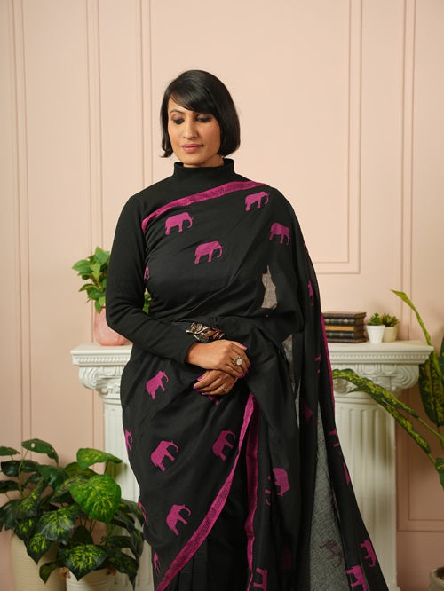 GajaGamini- Pink Hand Block Elephant Print Cotton Saree | SHOBITAM