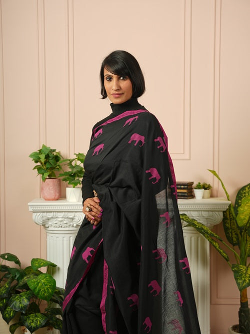GajaGamini- Pink Hand Block Elephant Print Cotton Saree | SHOBITAM