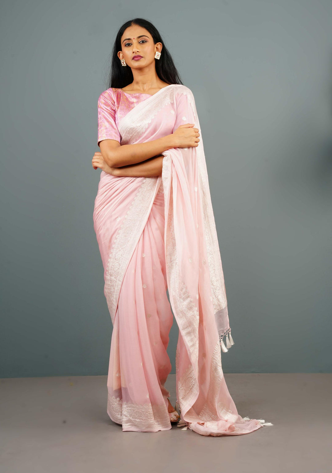 Pure Silk Chiffon Banarasi Saree in Light Pink with Silver Zari Buttas and Border | SILK MARK CERTIFIED