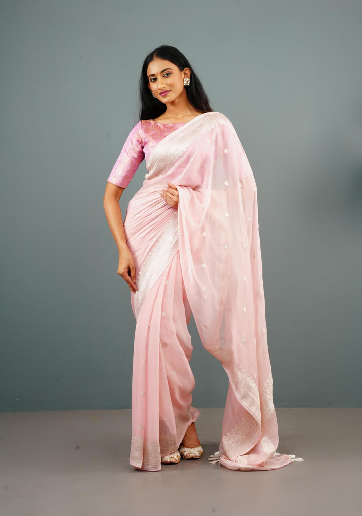 Pure Silk Chiffon Banarasi Saree in Light Pink with Silver Zari Buttas and Border | SILK MARK CERTIFIED