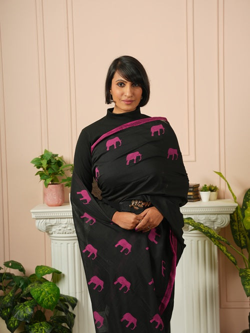 GajaGamini- Pink Hand Block Elephant Print Cotton Saree | SHOBITAM