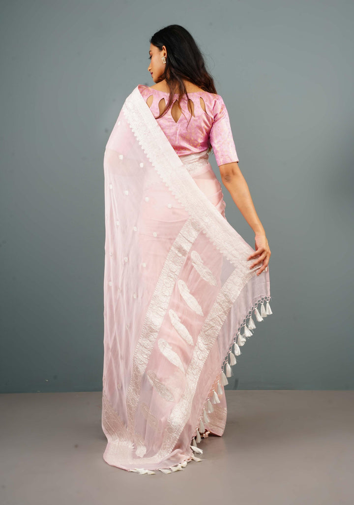 Pure Silk Chiffon Banarasi Saree in Light Pink with Silver Zari Buttas and Border | SILK MARK CERTIFIED