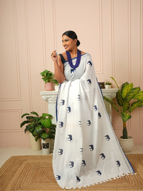 GajaGamini-Indigo Hand Block Elephant Print Cotton Saree | SHOBITAM