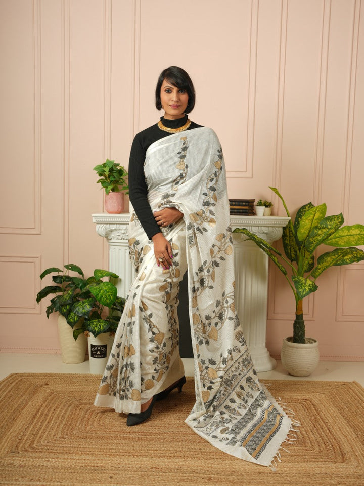 Raya - Printed White Silk Cotton Saree | SHOBITAM