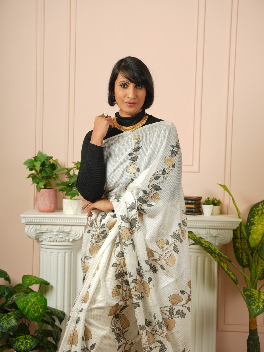 Raya - Printed White Silk Cotton Saree | SHOBITAM