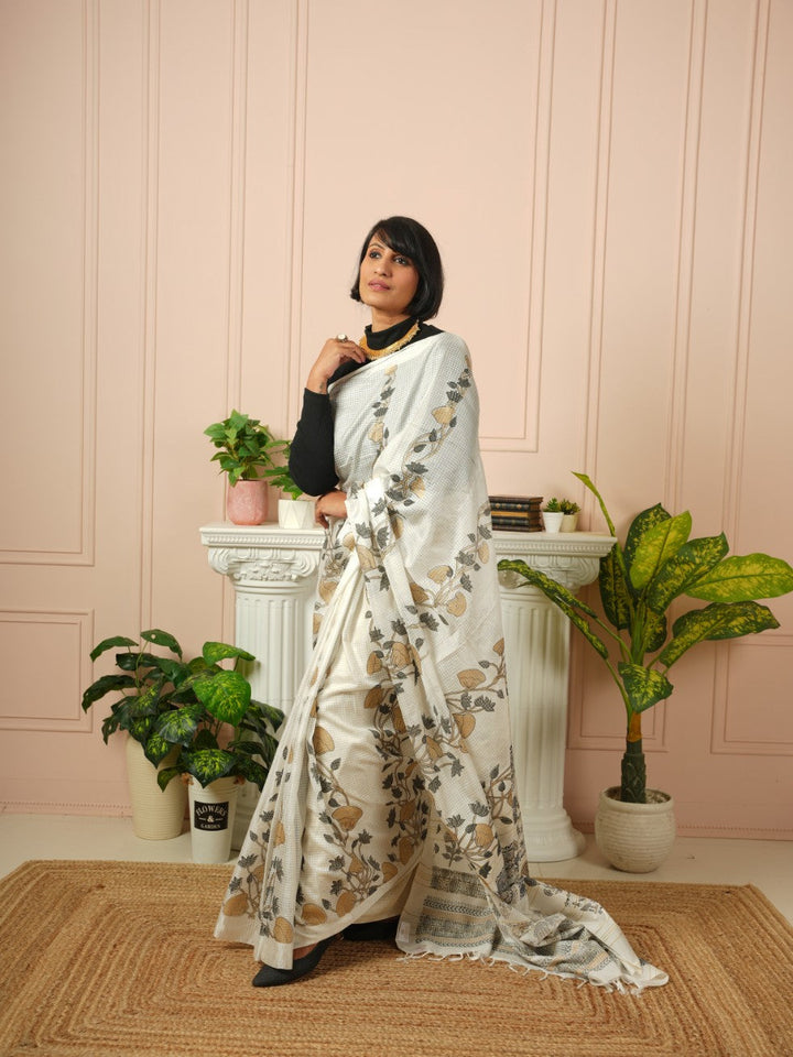 Raya - Printed White Silk Cotton Saree | SHOBITAM
