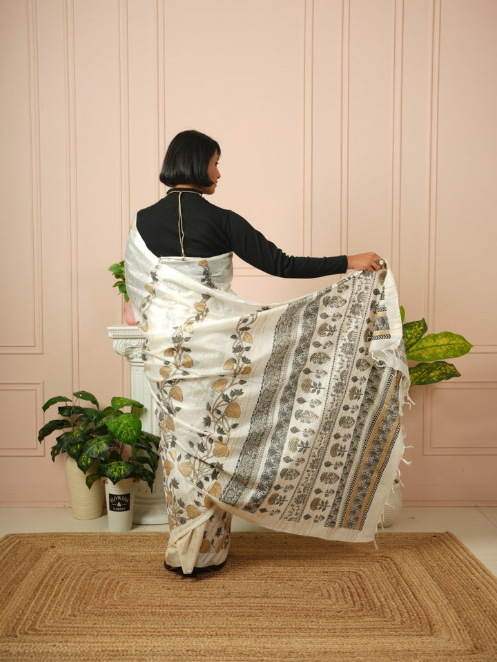 Raya - Printed White Silk Cotton Saree | SHOBITAM
