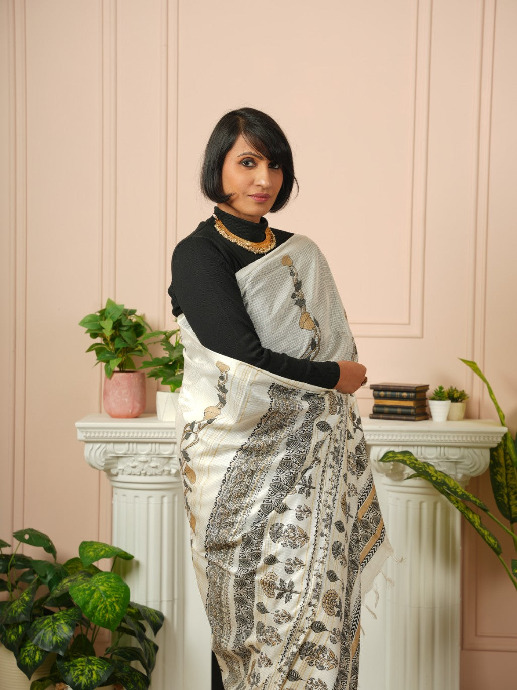 Raya - Printed White Silk Cotton Saree | SHOBITAM