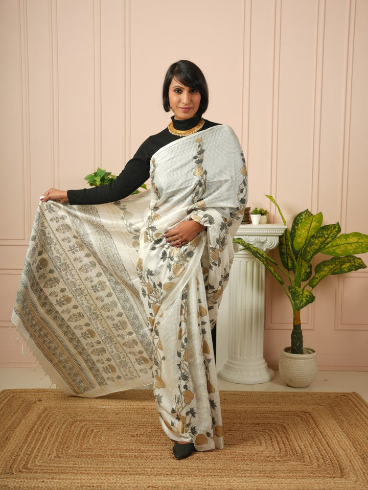 Raya - Printed White Silk Cotton Saree | SHOBITAM