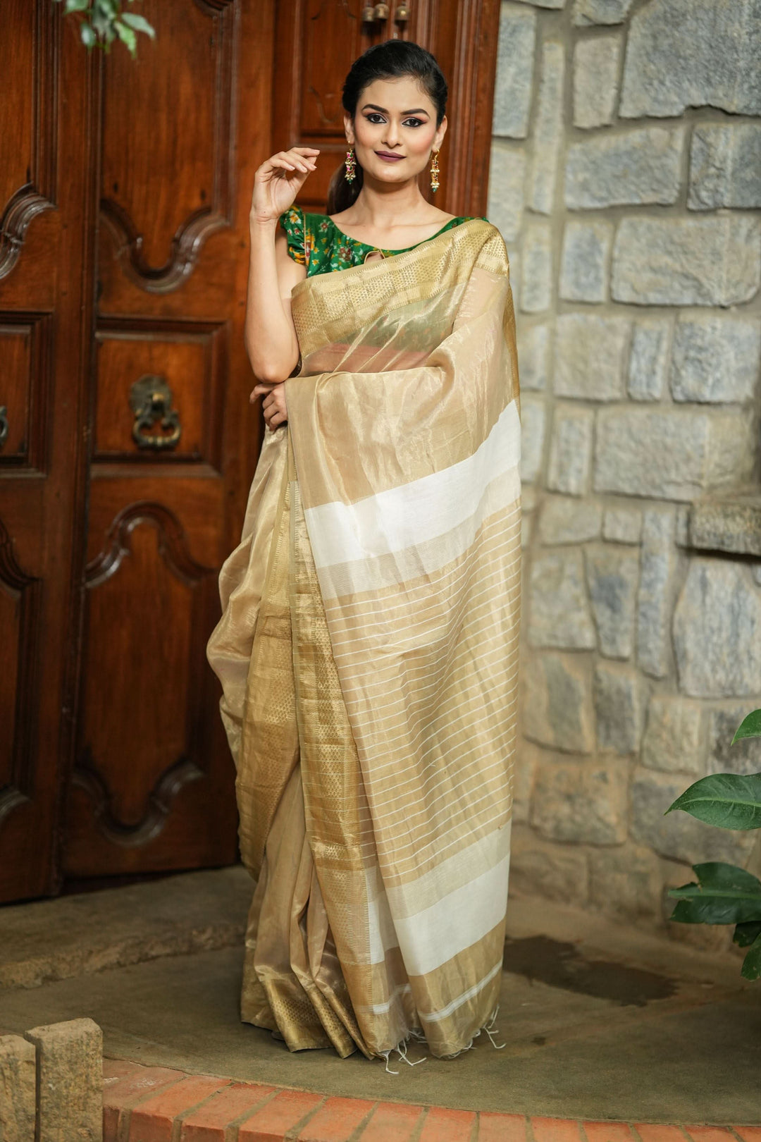 Gorgeous Handwoven Maheshwari Tissue Saree in Gold -Sandalwood with Minimal Zari Borders