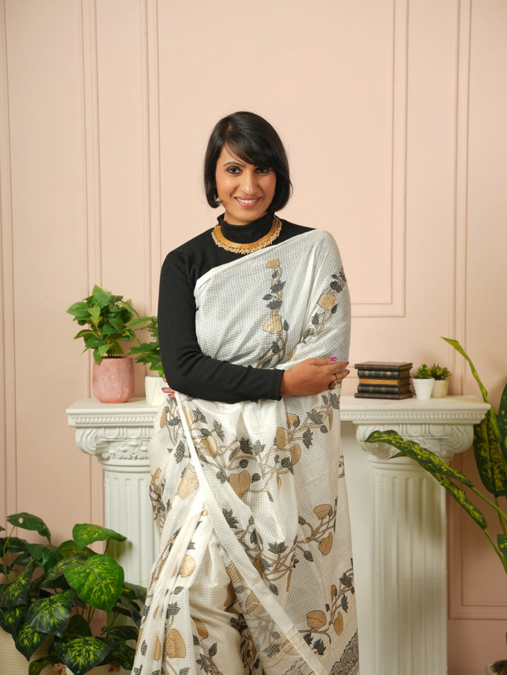 Raya - Printed White Silk Cotton Saree | SHOBITAM