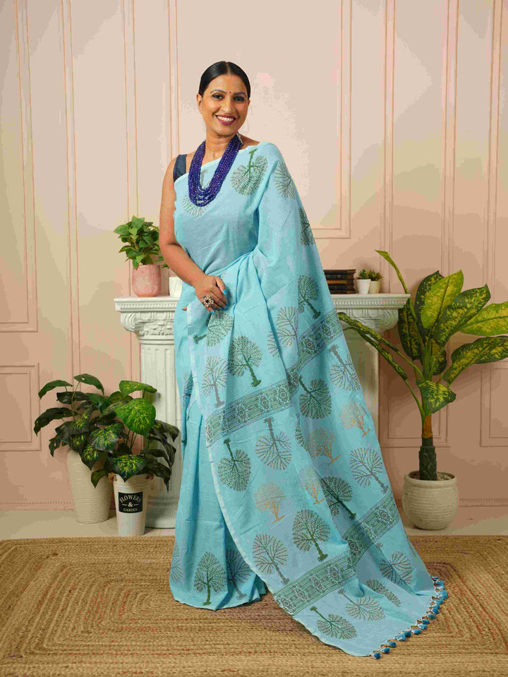 Sky Blue Tree of Life- Handblock Cotton Saree | SHOBITAM