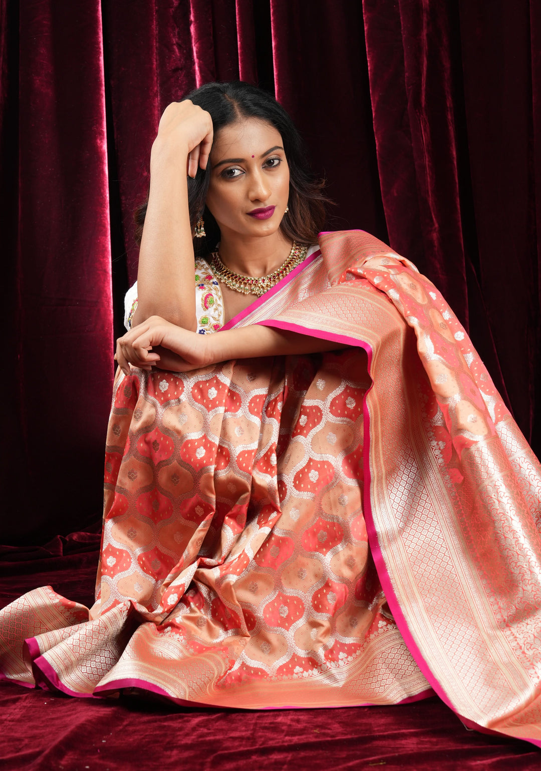Peach -Pink Exquisite Moroccan Trellis Jaal Semi Silk Saree and zari border