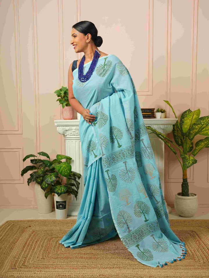 Sky Blue Tree of Life- Handblock Cotton Saree | SHOBITAM