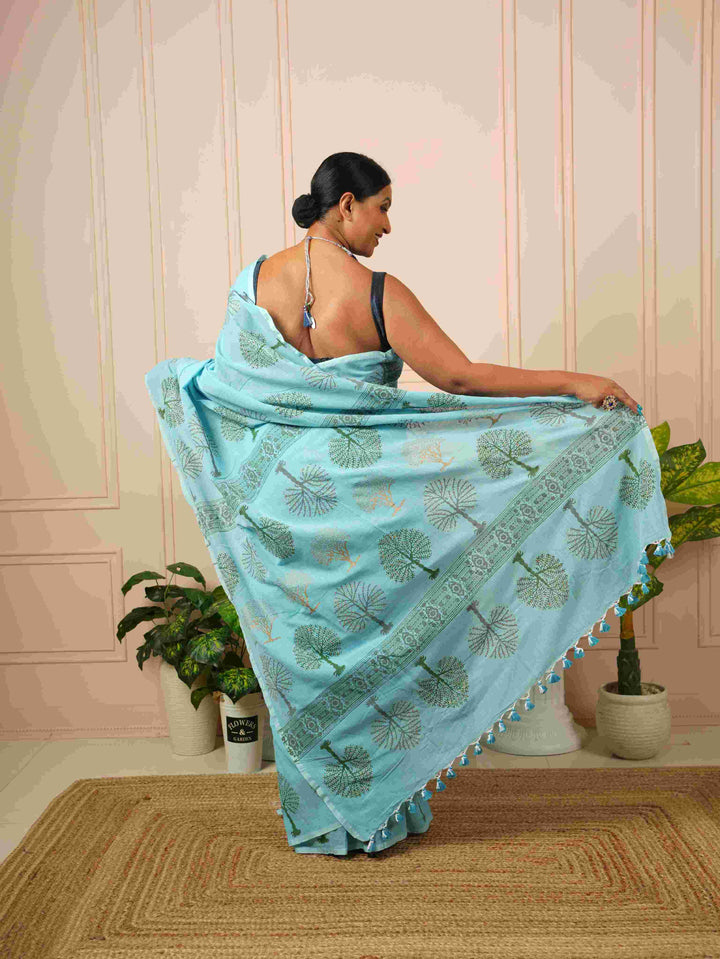 Sky Blue Tree of Life- Handblock Cotton Saree | SHOBITAM