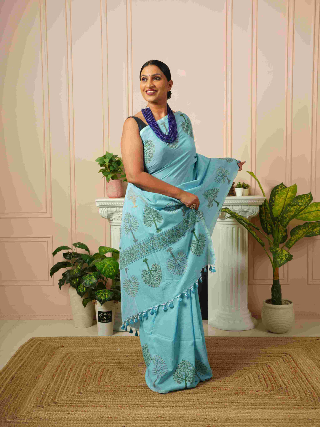 Sky Blue Tree of Life- Handblock Cotton Saree | SHOBITAM