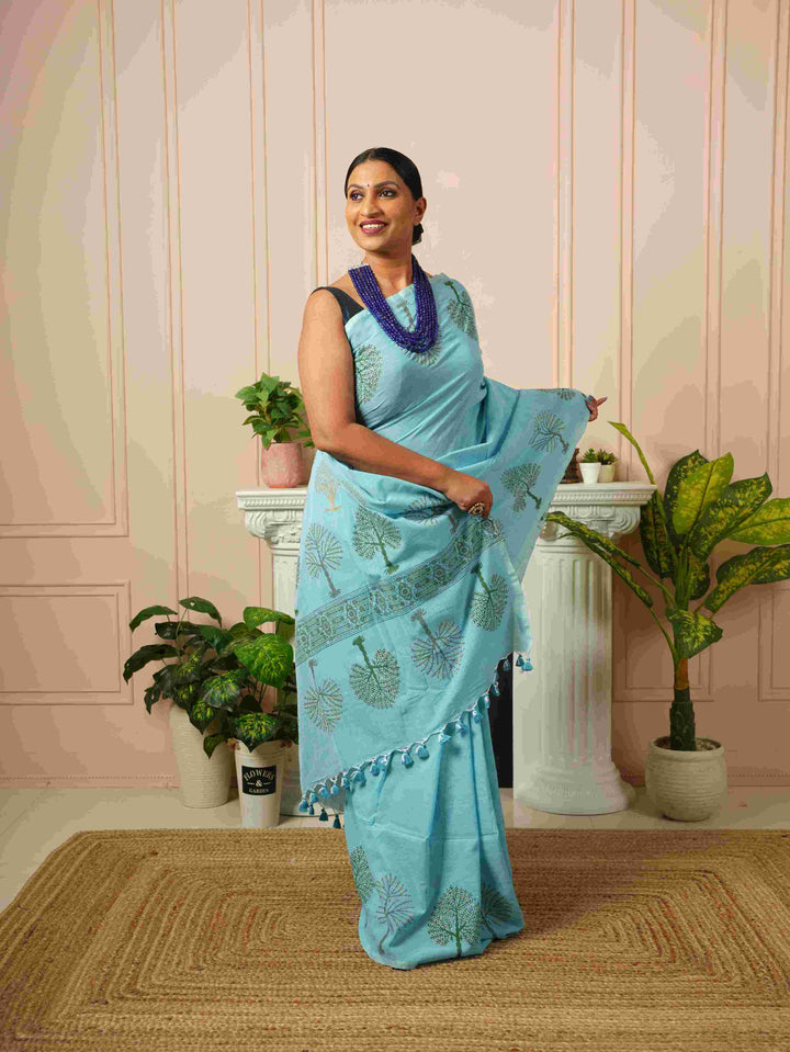Sky Blue Tree of Life- Handblock Cotton Saree | SHOBITAM