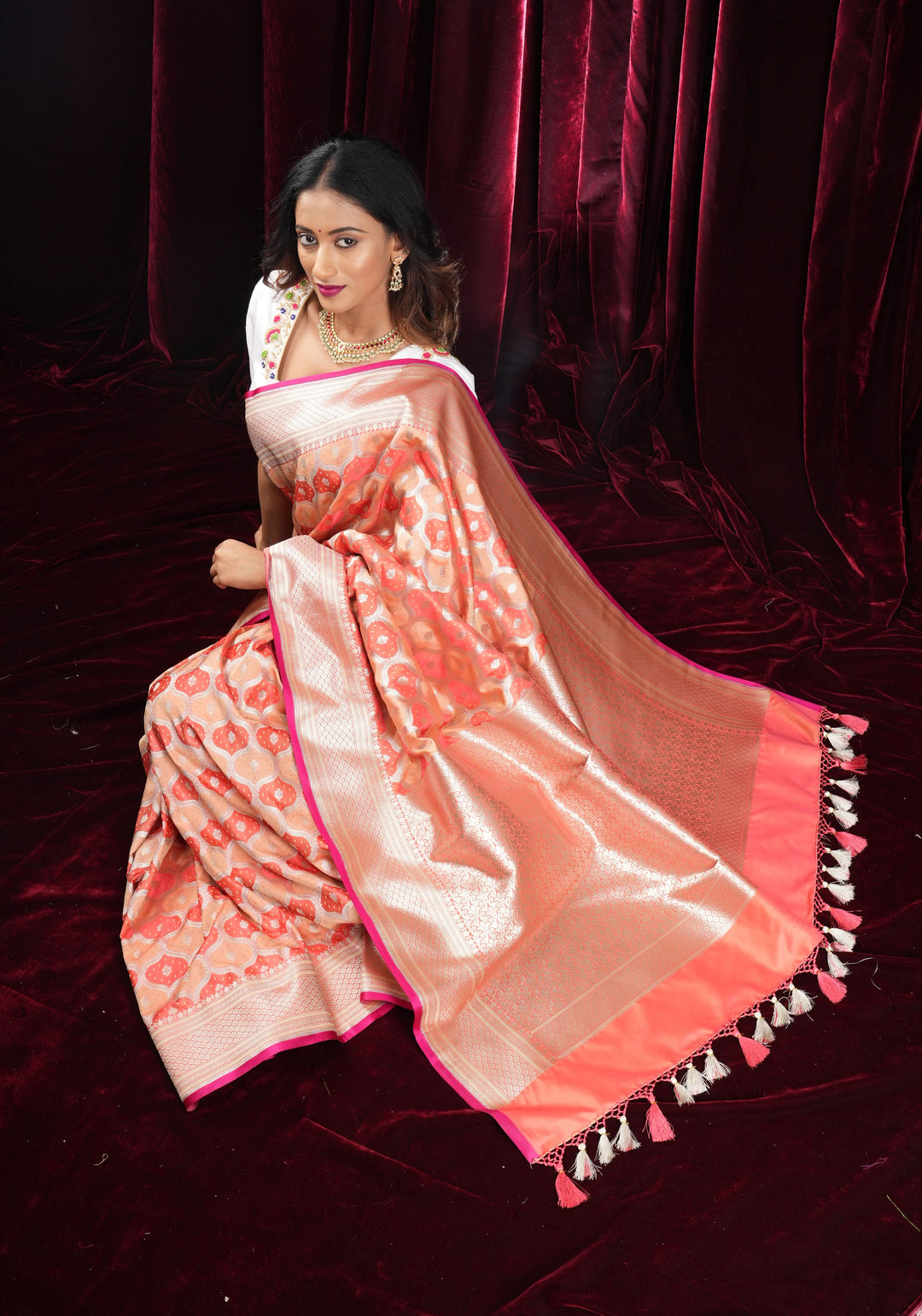 Peach -Pink Exquisite Moroccan Trellis Jaal Semi Silk Saree and zari border