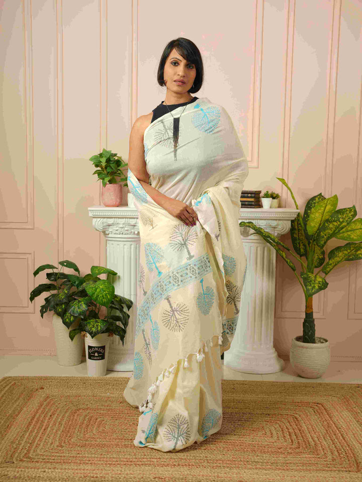 Tree of Life- Off White HandBlock Cotton Saree | SHOBITAM