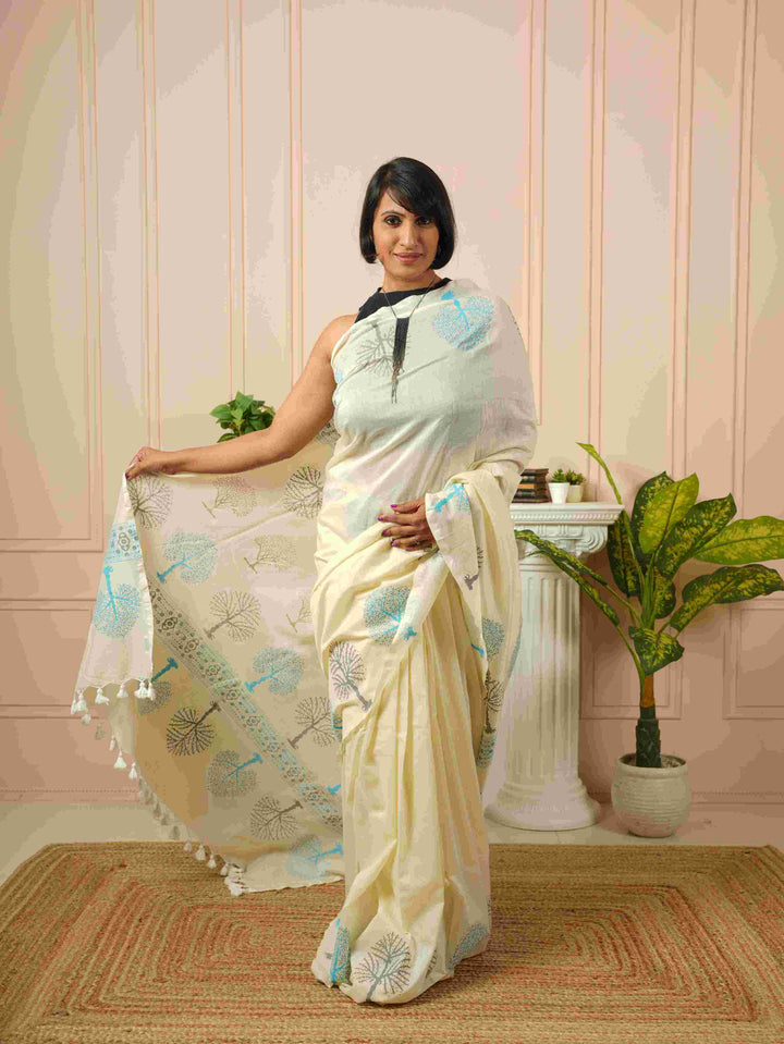 Tree of Life- Off White HandBlock Cotton Saree | SHOBITAM