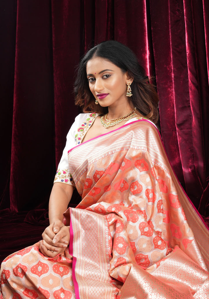 Peach -Pink Exquisite Moroccan Trellis Jaal Semi Silk Saree and zari border