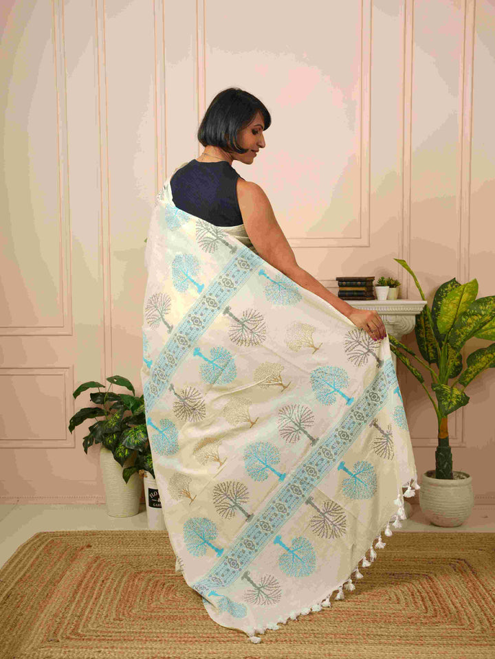 Tree of Life- Off White HandBlock Cotton Saree | SHOBITAM
