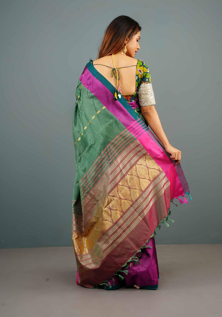 Elegant Green Vegan Handloom Saree with Dual-Tone Border and Resham Work, no Blouse piece