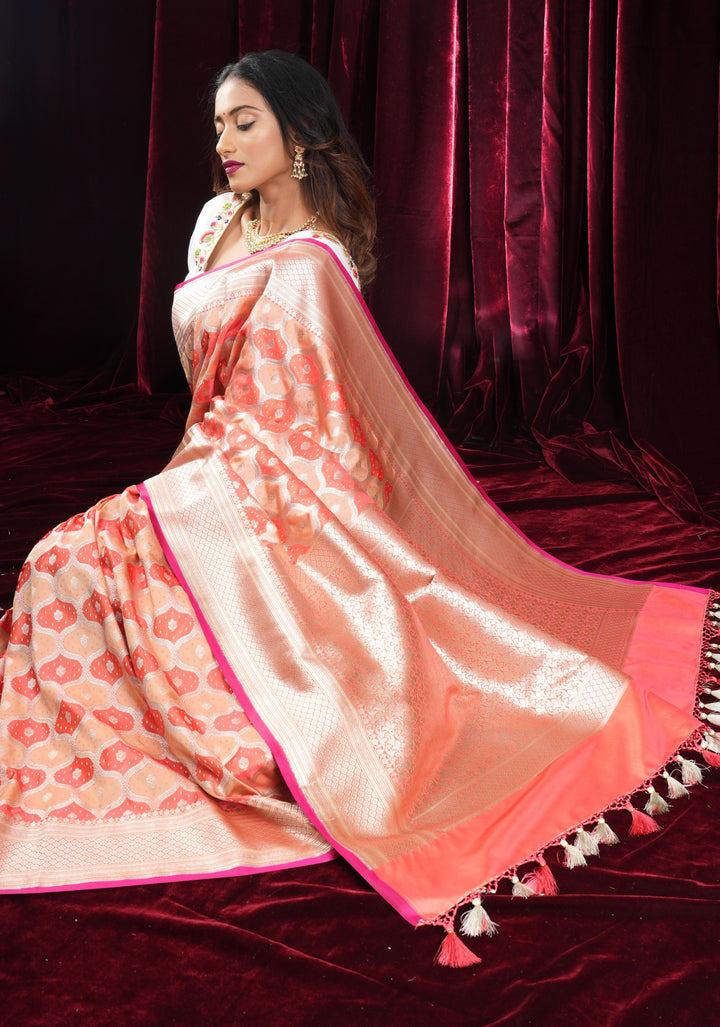Peach -Pink Exquisite Moroccan Trellis Jaal Semi Silk Saree and zari border