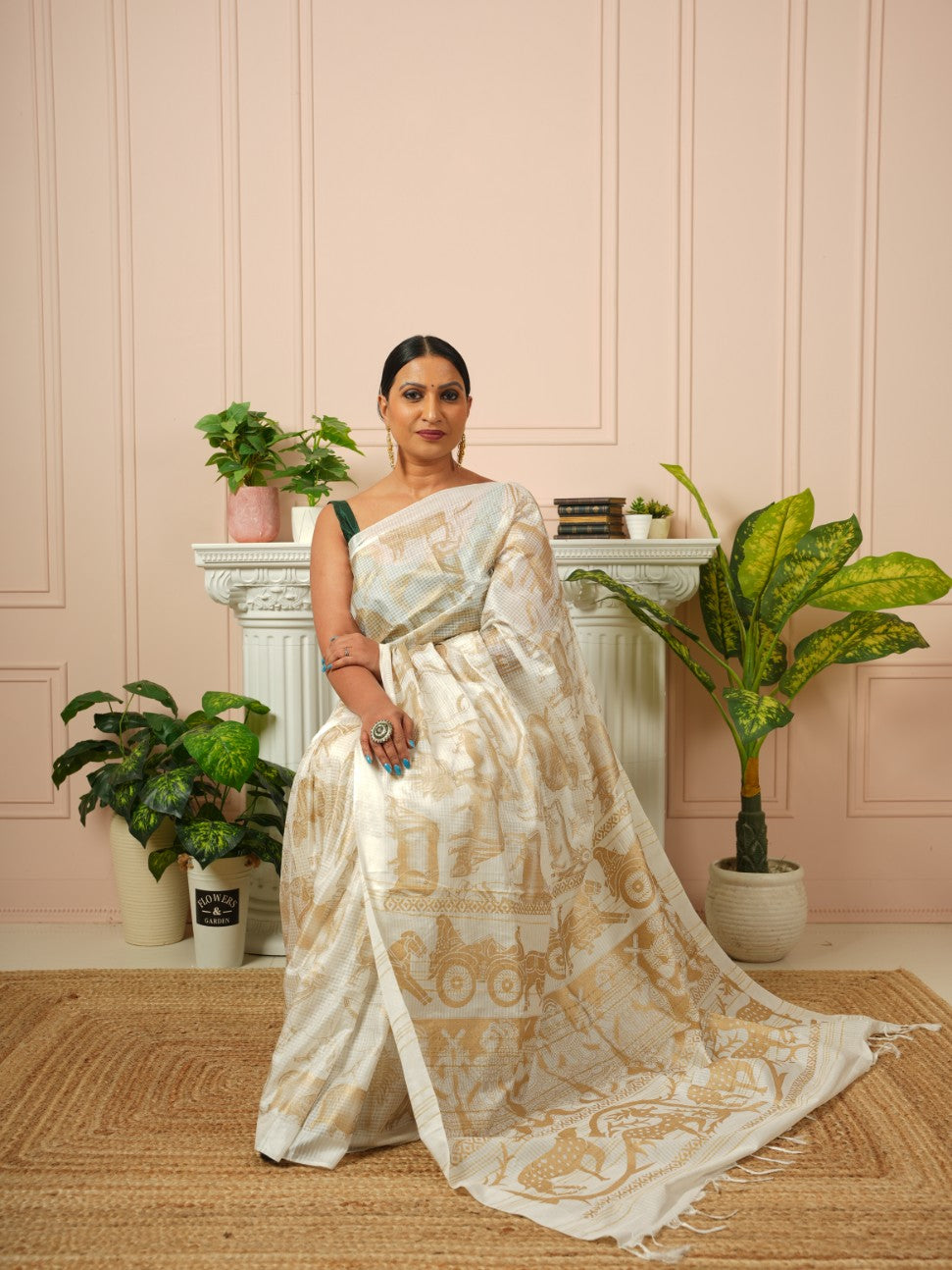 Amrita - Nandi Gold Printed Off White Silk Cotton Saree | SHOBITAM