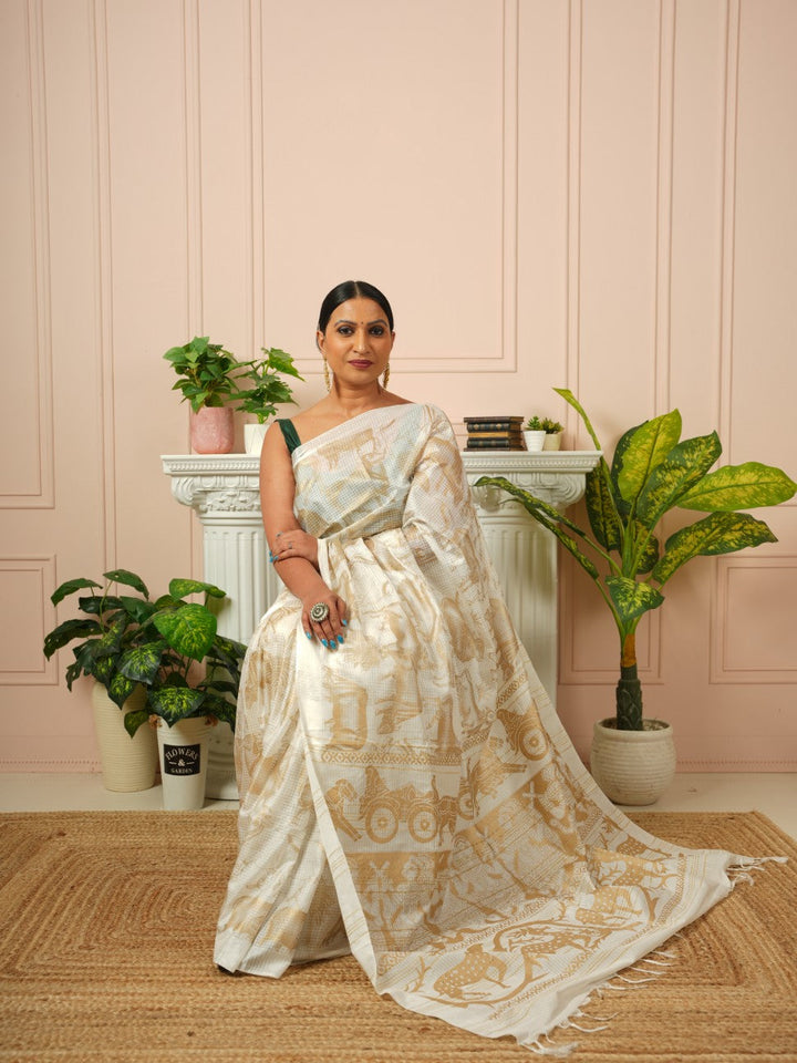 Amrita - Nandi Gold Printed Off White Silk Cotton Saree | SHOBITAM