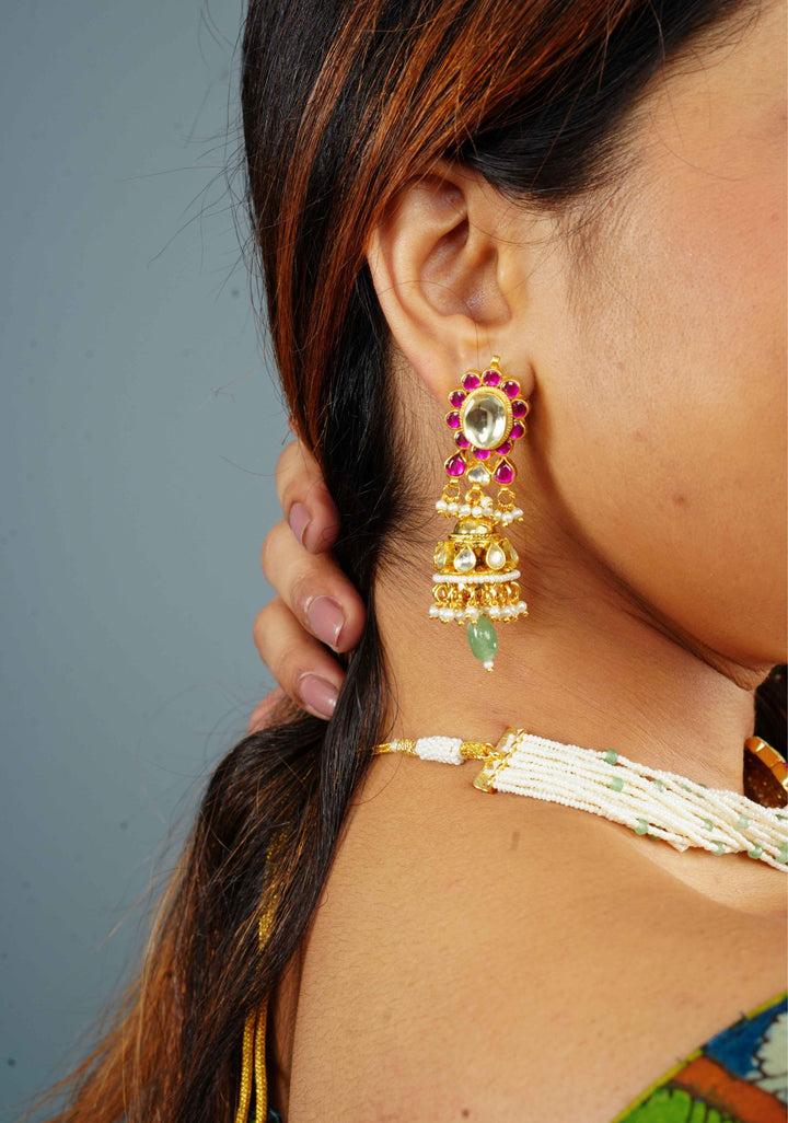 Ahmedabadi kundan multistrand necklace set with dangling pearl clusters | Shobitam Jewelry