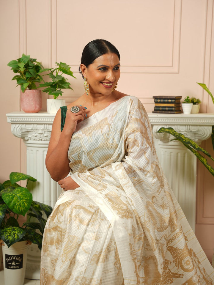 Amrita - Nandi Gold Printed Off White Silk Cotton Saree | SHOBITAM