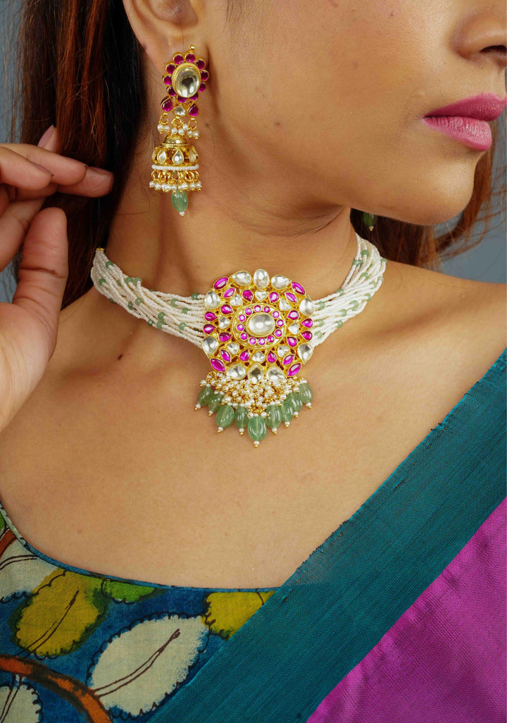 Ahmedabadi kundan multistrand necklace set with dangling pearl clusters | Shobitam Jewelry
