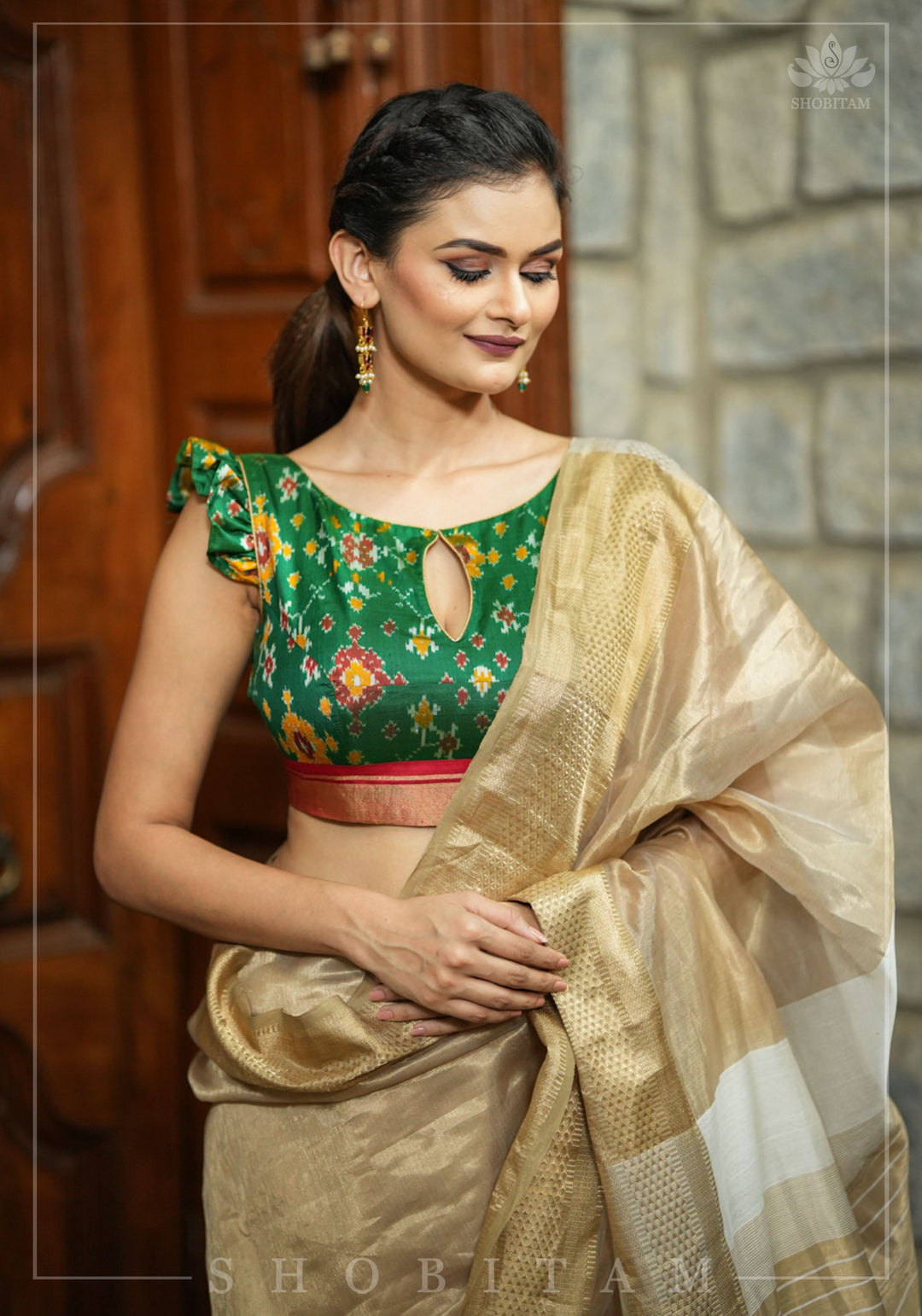 Ikkat Patola Design Pure Silk Blouse with frill detailing, keyhole back in Emerald Green and Red