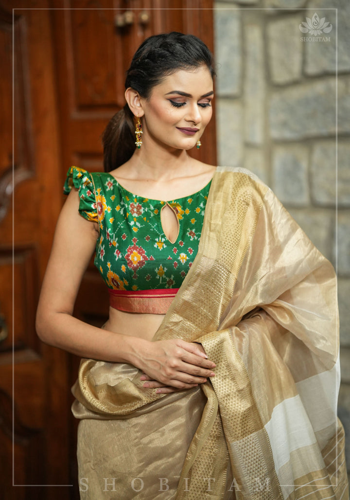 Ikkat Patola Design Pure Silk Blouse with frill detailing, keyhole back in Emerald Green and Red