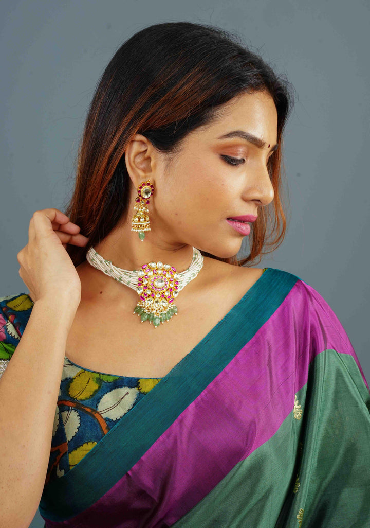 Ahmedabadi kundan multistrand necklace set with dangling pearl clusters | Shobitam Jewelry