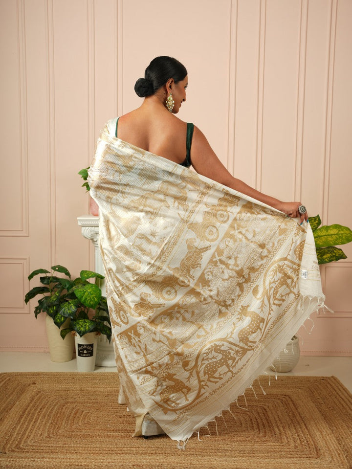 Amrita - Nandi Gold Printed Off White Silk Cotton Saree | SHOBITAM
