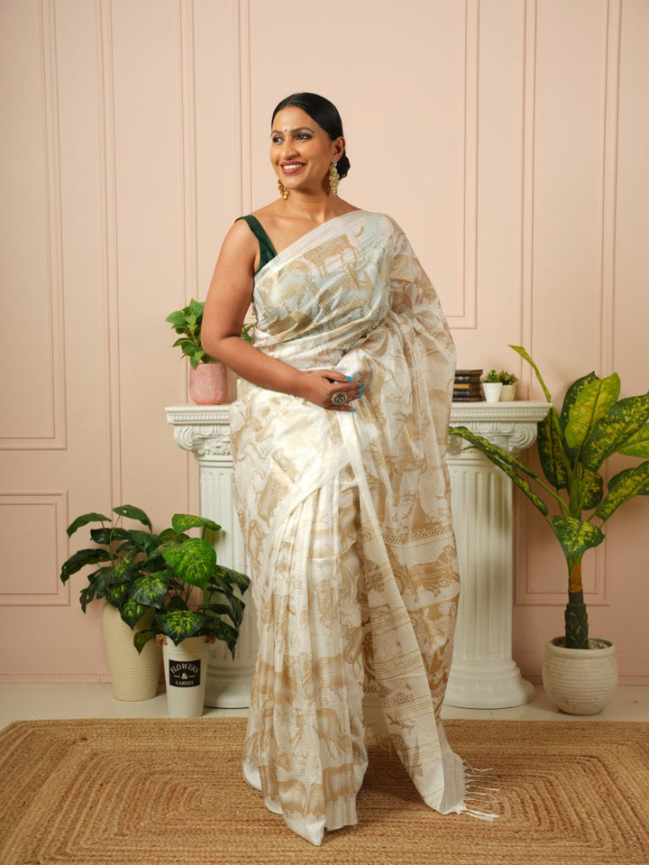 Amrita - Nandi Gold Printed Off White Silk Cotton Saree | SHOBITAM